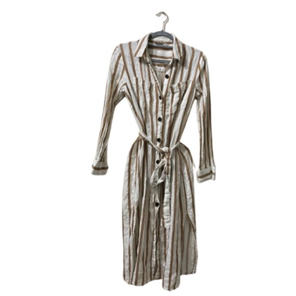 ZARA Striped Linen Shirt Dress with Self Tie Belt White Button-Down Boho Medium - Picture 3 of 9